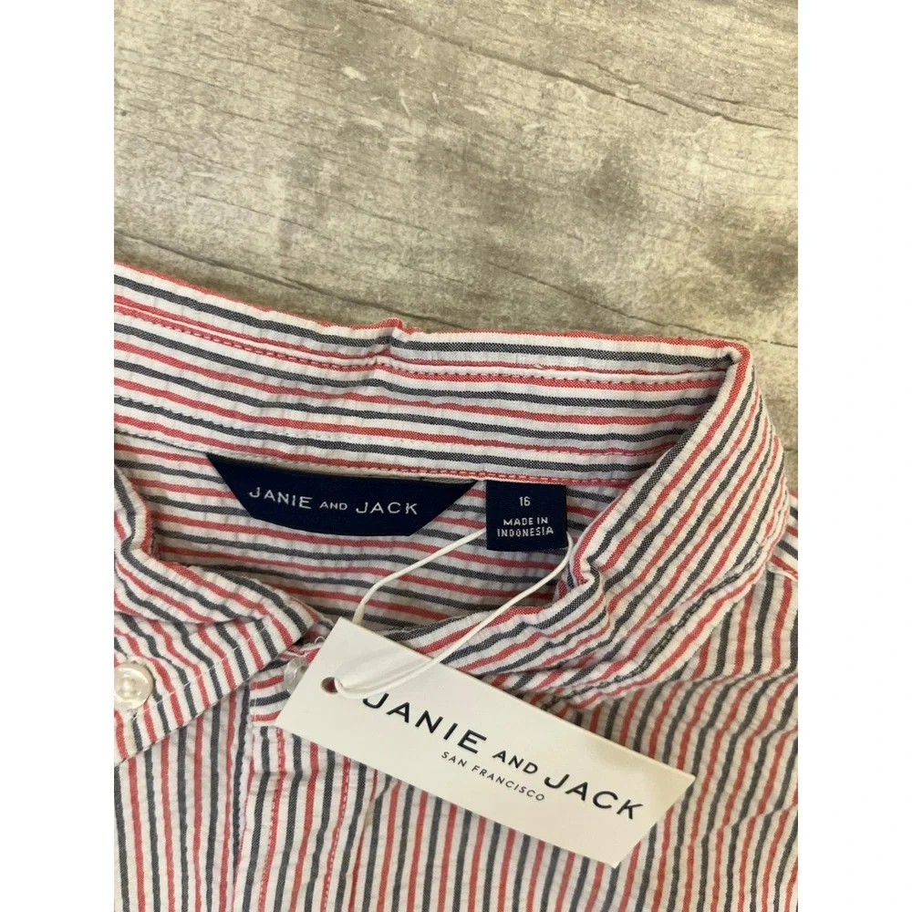 Janie and Jack Kids Boys Seersucker Striped Button Down Size 16‎ Red Navy White